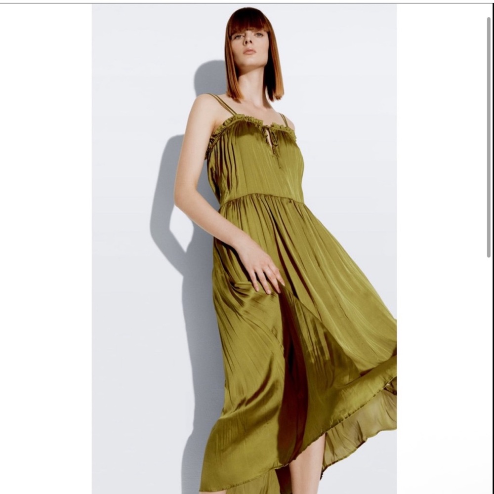 Zara Olive Satin Effect Dress - Picture 2 of 15